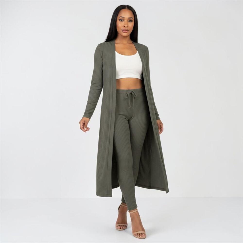 Olive Ribbed Cardigan & Leggings Set